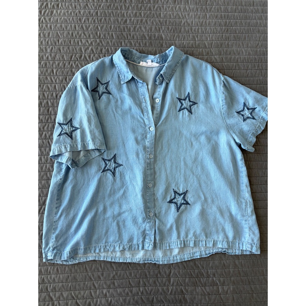Jane + Delancey Blue Star Embroidered Lyocell Short Sleeve Button Down Shirt L - Picture 2 of 8